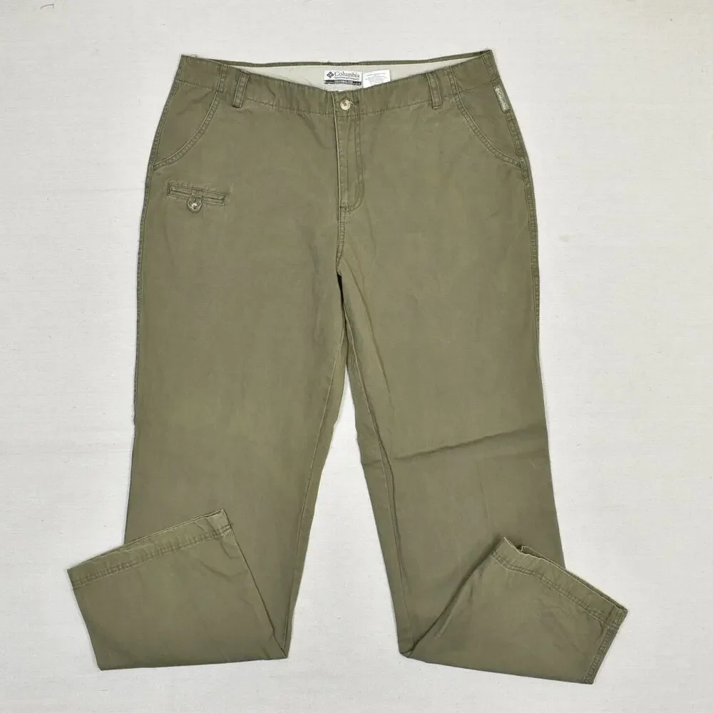 Columbia Women Pants Chino Straight Zip Solid 100% Cotton Green Size 14 30 ins